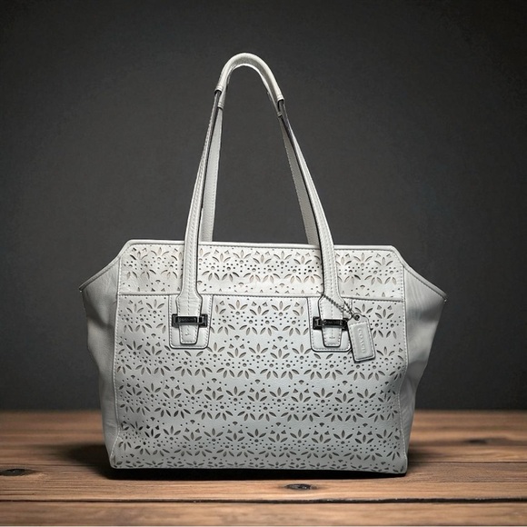 Coach Handbags - Coach RARE Madison Laser Cut White Leather Satchel Handbag Purse Shoulder Bag